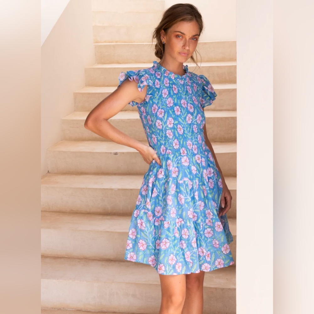 Oliphant Floral Mini Dress in Blue and Pink